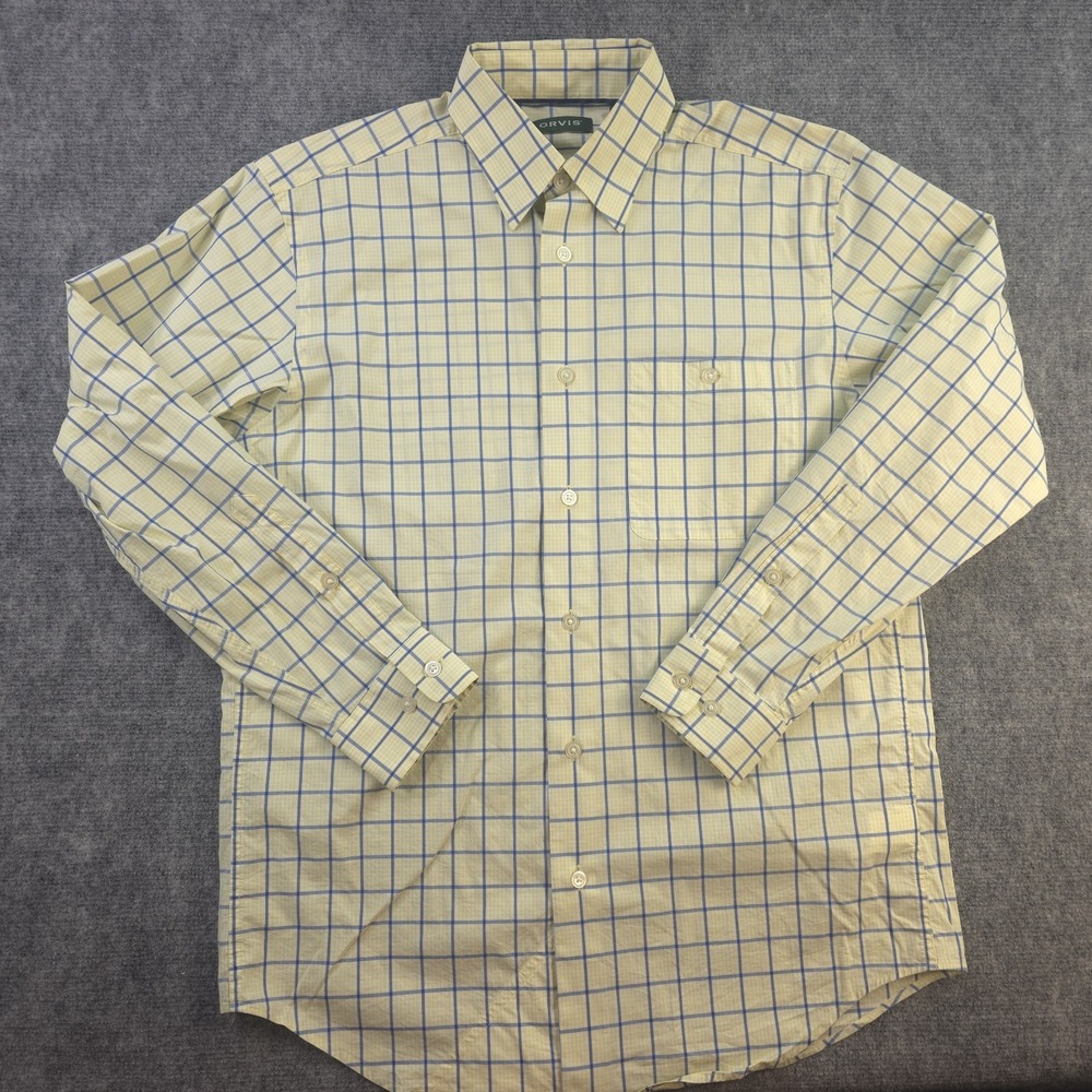 Orvis Shirt Medium Yellow Blue Check Long Sleeve Button Up Nylon Blend Stretch